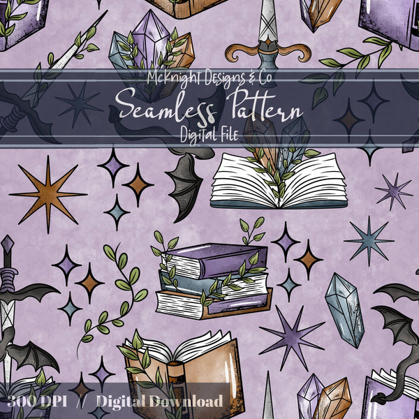 Fantasy Romance Bookish Seamless Pattern – Spellbooks, Crystals, Daggers & Stars McKnight Designs & Co Seamless Pattern File
