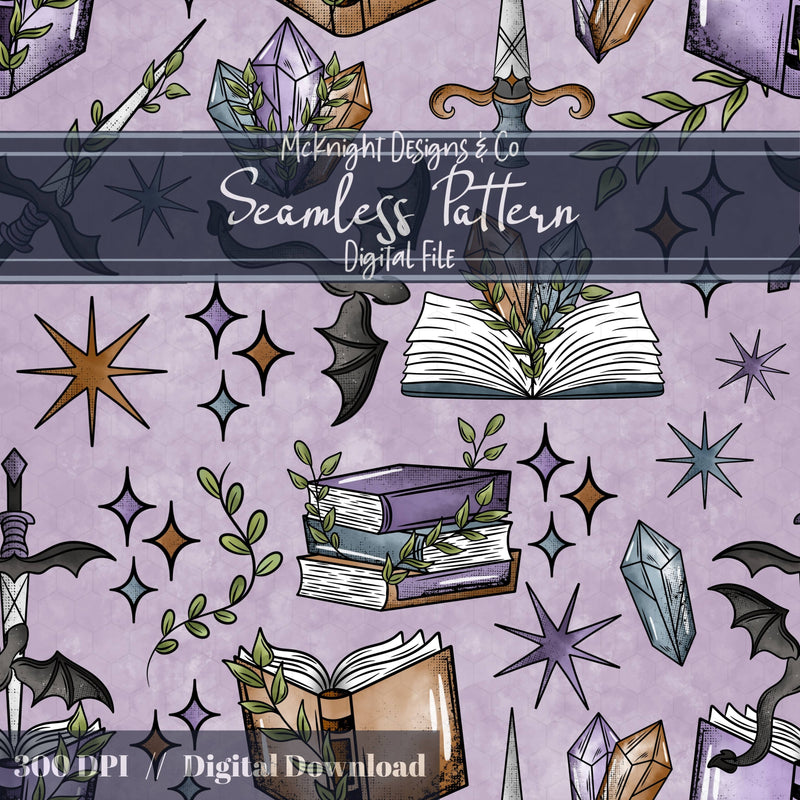 Fantasy Romance Bookish Seamless Pattern – Spellbooks, Crystals, Daggers & Stars McKnight Designs & Co Seamless Pattern File