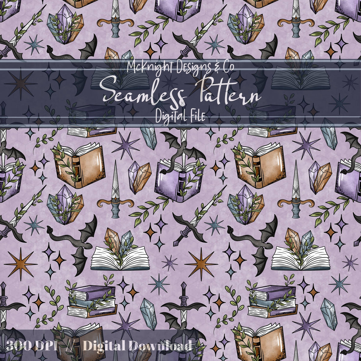 Fantasy Romance Bookish Seamless Pattern – Spellbooks, Crystals, Daggers & Stars McKnight Designs & Co Seamless Pattern File