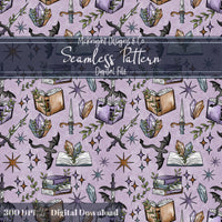 Fantasy Romance Bookish Seamless Pattern – Spellbooks, Crystals, Daggers & Stars McKnight Designs & Co Seamless Pattern File