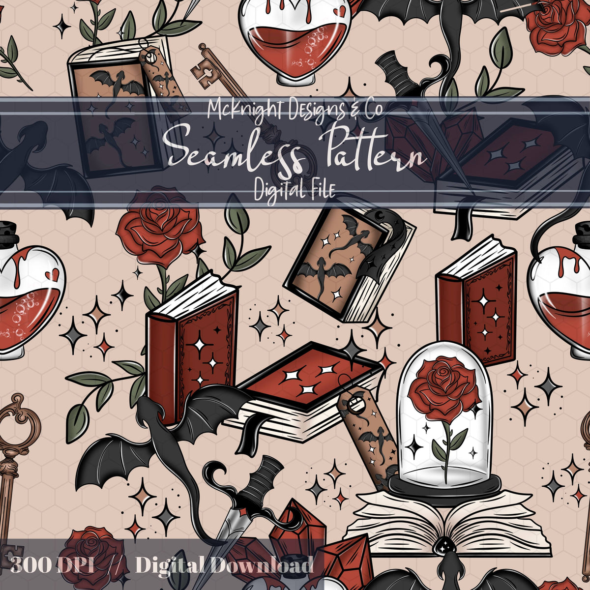 Romantasy Bookish Seamless Pattern – Fantasy Romance Books, Potions & Roses PNG McKnight Designs & Co Seamless Pattern File