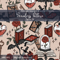 Romantasy Bookish Seamless Pattern – Fantasy Romance Books, Potions & Roses PNG McKnight Designs & Co Seamless Pattern File