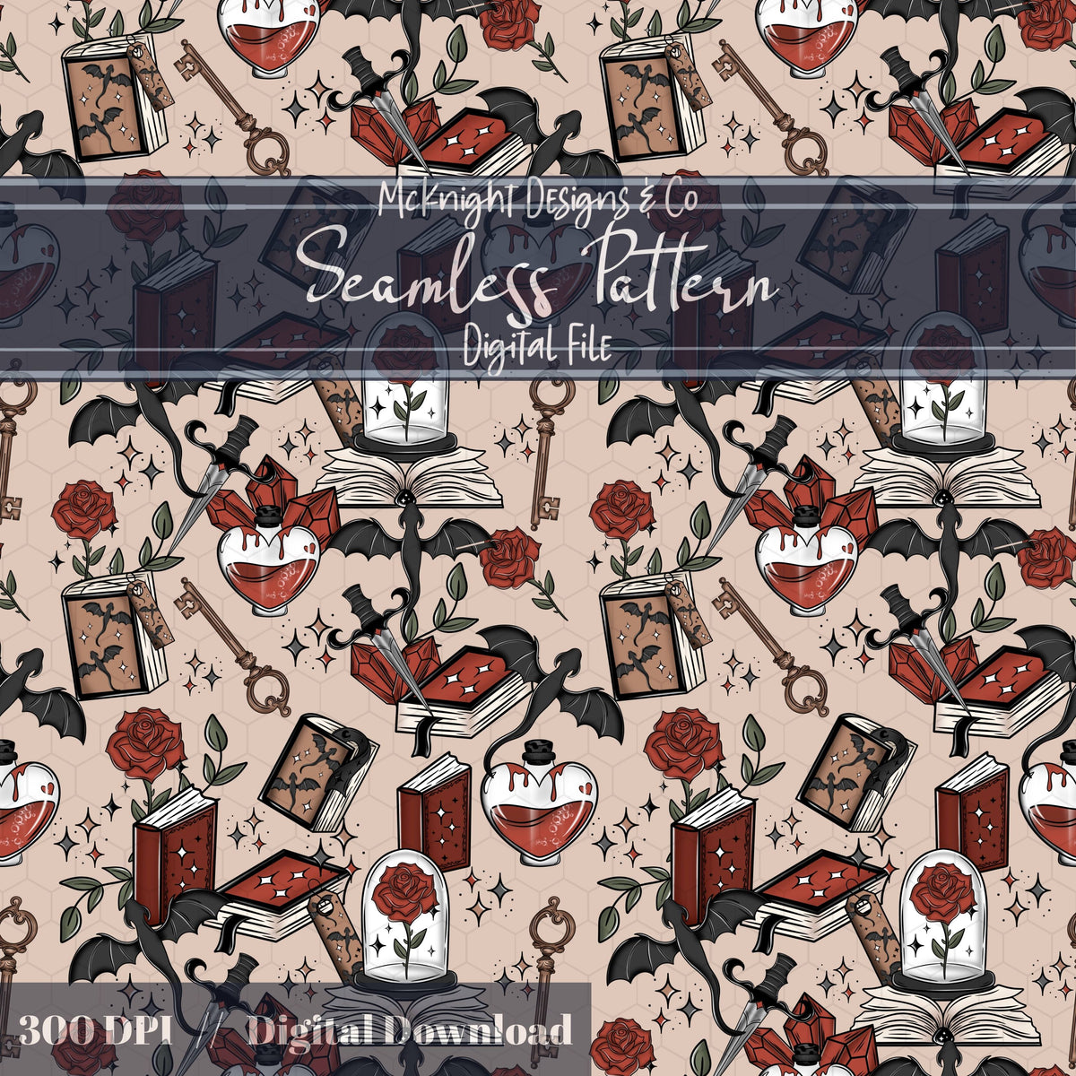 Romantasy Bookish Seamless Pattern – Fantasy Romance Books, Potions & Roses PNG McKnight Designs & Co Seamless Pattern File