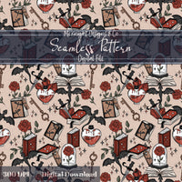 Romantasy Bookish Seamless Pattern – Fantasy Romance Books, Potions & Roses PNG McKnight Designs & Co Seamless Pattern File