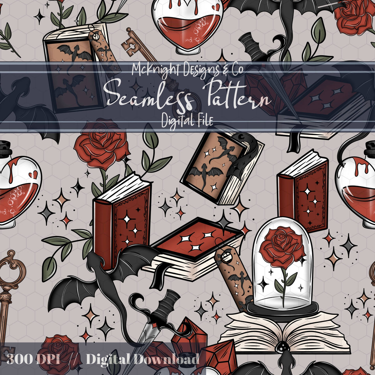 Romantasy Bookish Seamless Pattern – Fantasy Romance Books, Potions & Roses PNG McKnight Designs & Co Seamless Pattern File