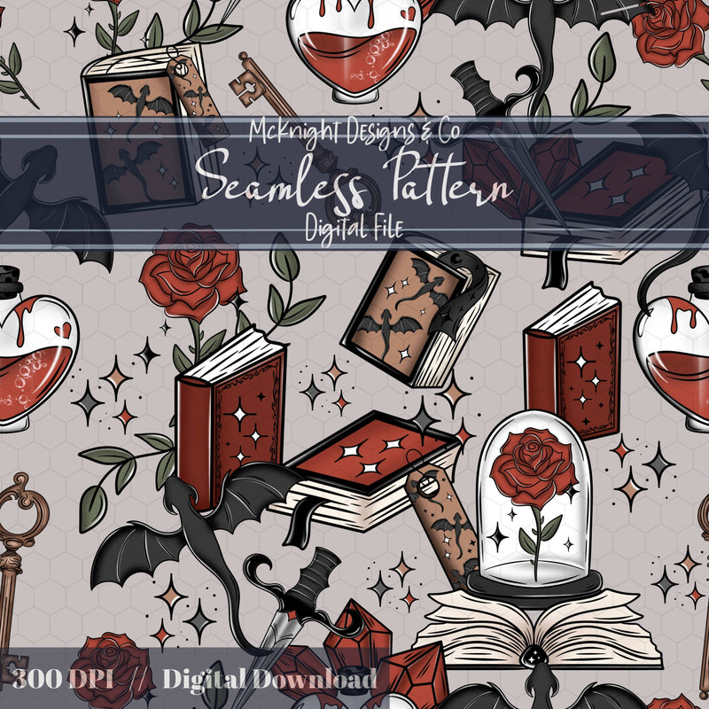 Romantasy Bookish Seamless Pattern – Fantasy Romance Books, Potions & Roses PNG McKnight Designs & Co Seamless Pattern File