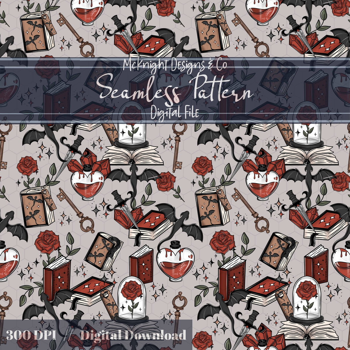Romantasy Bookish Seamless Pattern – Fantasy Romance Books, Potions & Roses PNG McKnight Designs & Co Seamless Pattern File