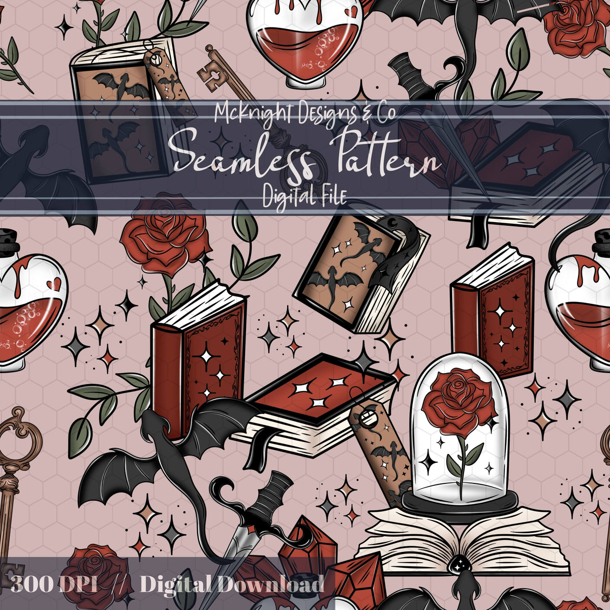 Romantasy Bookish Seamless Pattern – Fantasy Romance Books, Potions & Roses PNG McKnight Designs & Co Seamless Pattern File