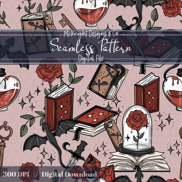 Romantasy Bookish Seamless Pattern – Fantasy Romance Books, Potions & Roses PNG McKnight Designs & Co Seamless Pattern File