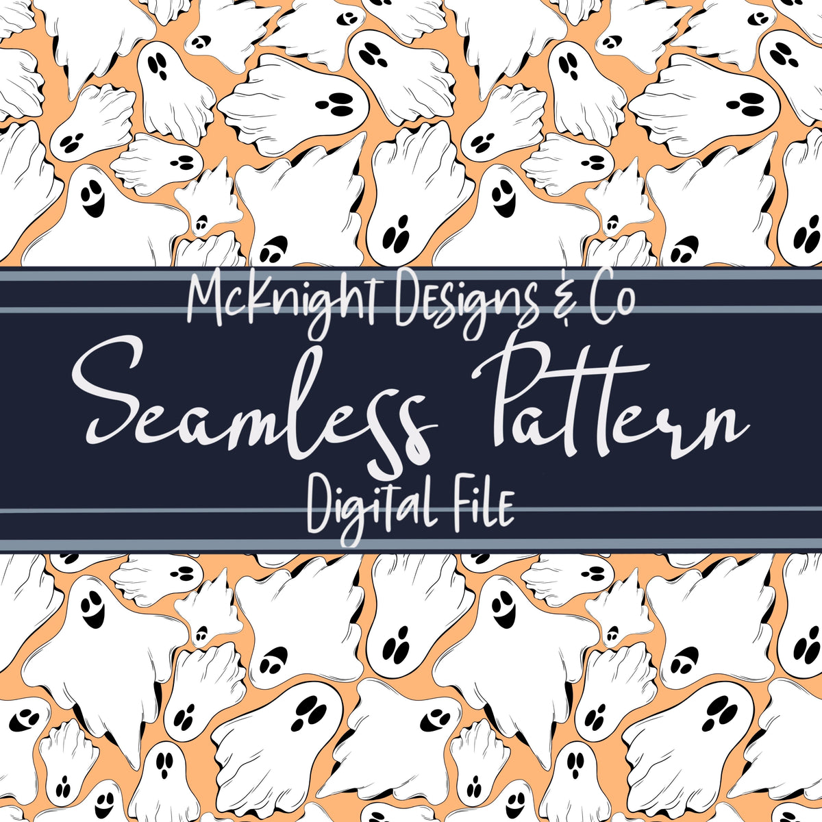Spooky Ghosties Seamless Pattern – Hand-Drawn Ghosts on Pastel Yellow Background McKnight Designs & Co Seamless Pattern File