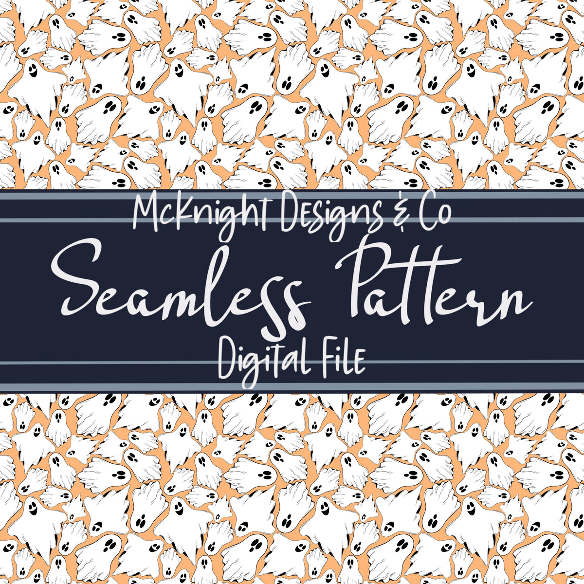 Spooky Ghosties Seamless Pattern – Hand-Drawn Ghosts on Pastel Yellow Background McKnight Designs & Co Seamless Pattern File