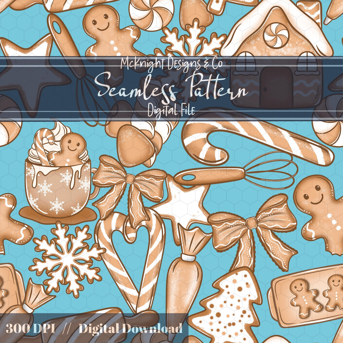 Gingerbread House & Baking Christmas Seamless Pattern McKnight Designs & Co Seamless Pattern File Blue