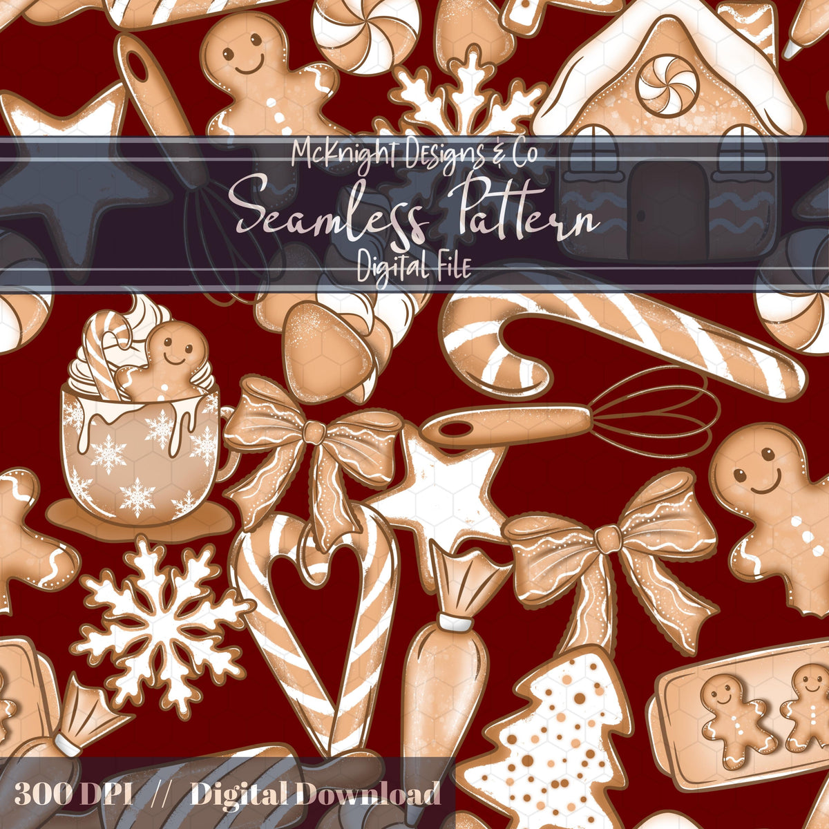Gingerbread House & Baking Christmas Seamless Pattern McKnight Designs & Co Seamless Pattern File Red