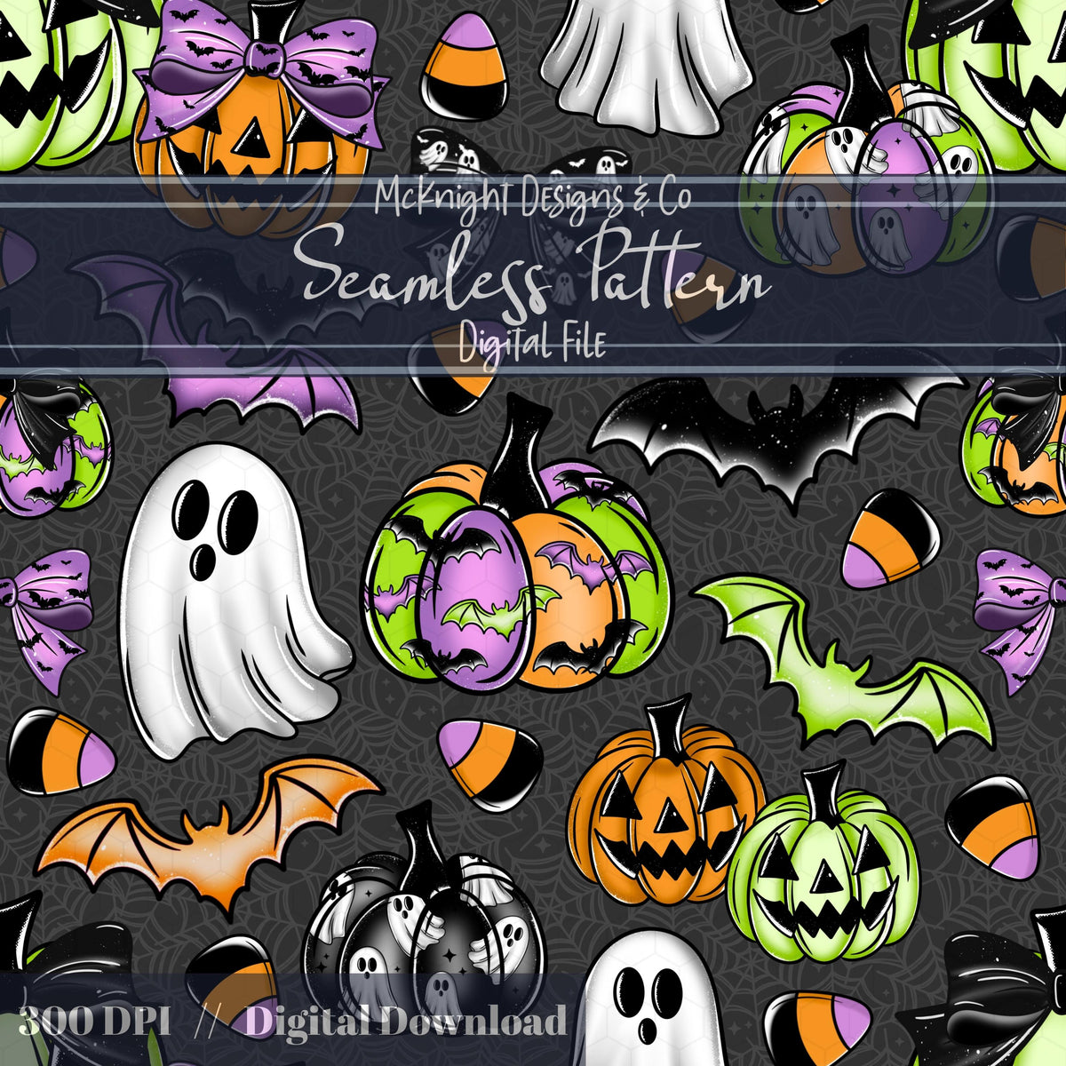 Halloween Coquette Seamless Pattern Set – Ghosts, Pumpkins, Bats, Candy Corn McKnight Designs & Co Seamless Pattern File
