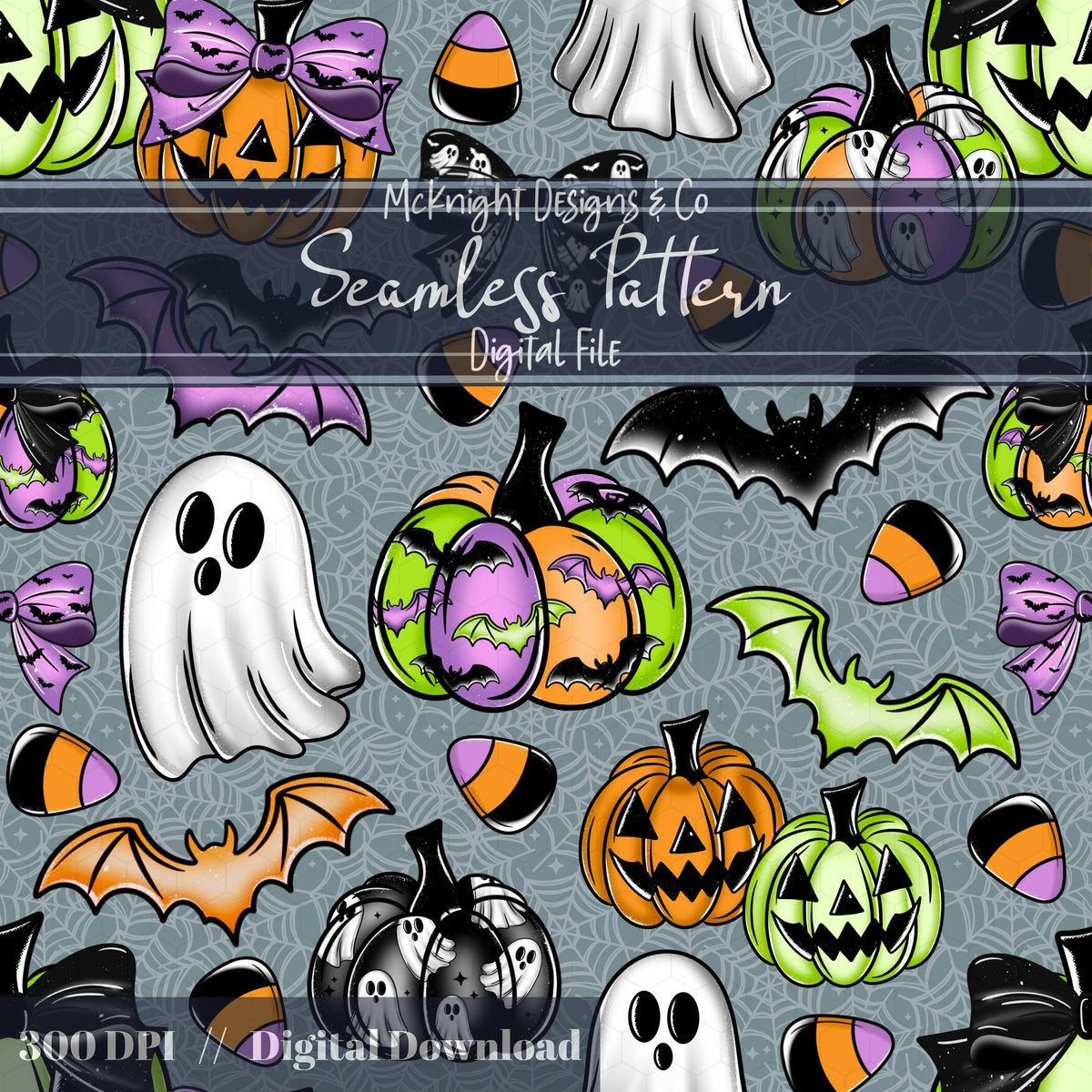 Halloween Coquette Seamless Pattern Set – Ghosts, Pumpkins, Bats, Candy Corn McKnight Designs & Co Seamless Pattern File