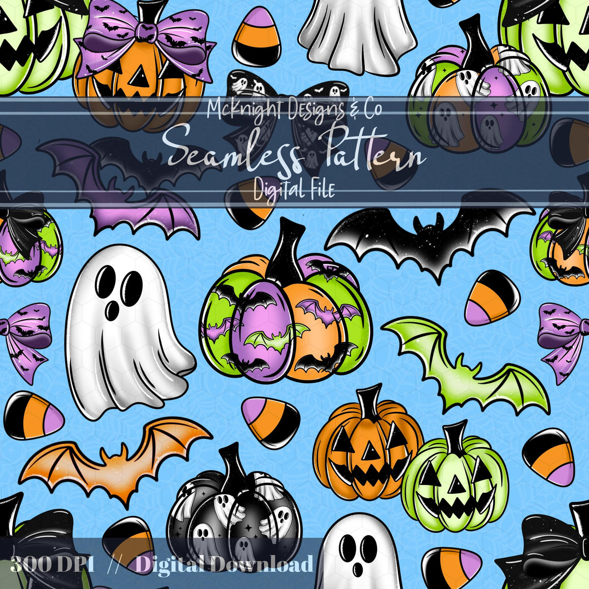 Halloween Coquette Seamless Pattern Set – Ghosts, Pumpkins, Bats, Candy Corn McKnight Designs & Co Seamless Pattern File