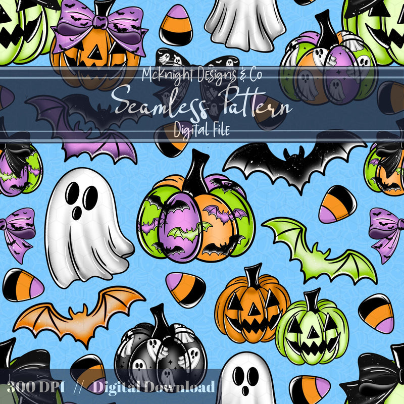 Halloween Coquette Seamless Pattern Set – Ghosts, Pumpkins, Bats, Candy Corn McKnight Designs & Co Seamless Pattern File
