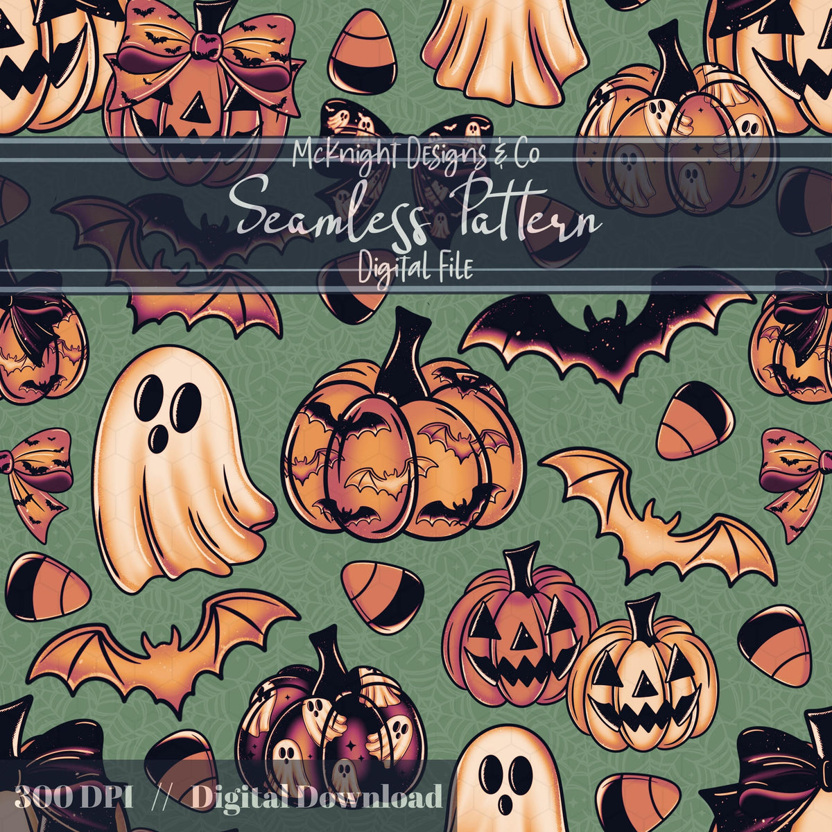 Halloween Coquette Seamless Pattern Set – Ghosts, Pumpkins, Bats, Candy Corn McKnight Designs & Co Seamless Pattern File