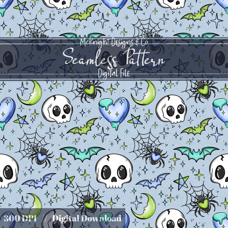 Kawaii Skulls Bats Hearts Moons Seamless Pattern | Pastel Goth Sweet & Spooky McKnight Designs & Co Seamless Pattern File