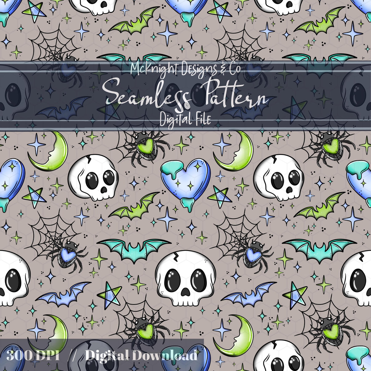Kawaii Skulls Bats Hearts Moons Seamless Pattern | Pastel Goth Sweet & Spooky McKnight Designs & Co Seamless Pattern File