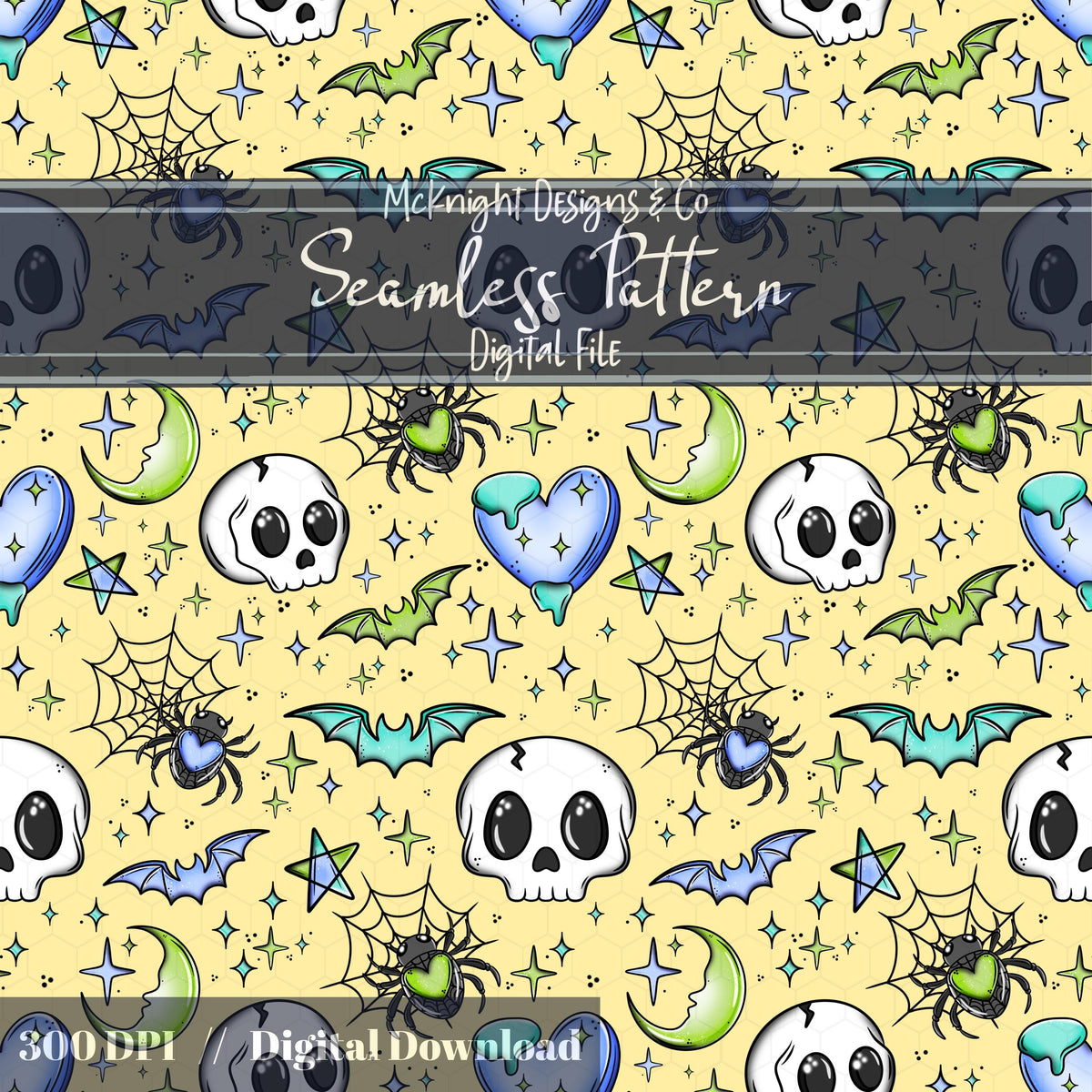 Kawaii Skulls Bats Hearts Moons Seamless Pattern | Pastel Goth Sweet & Spooky McKnight Designs & Co Seamless Pattern File