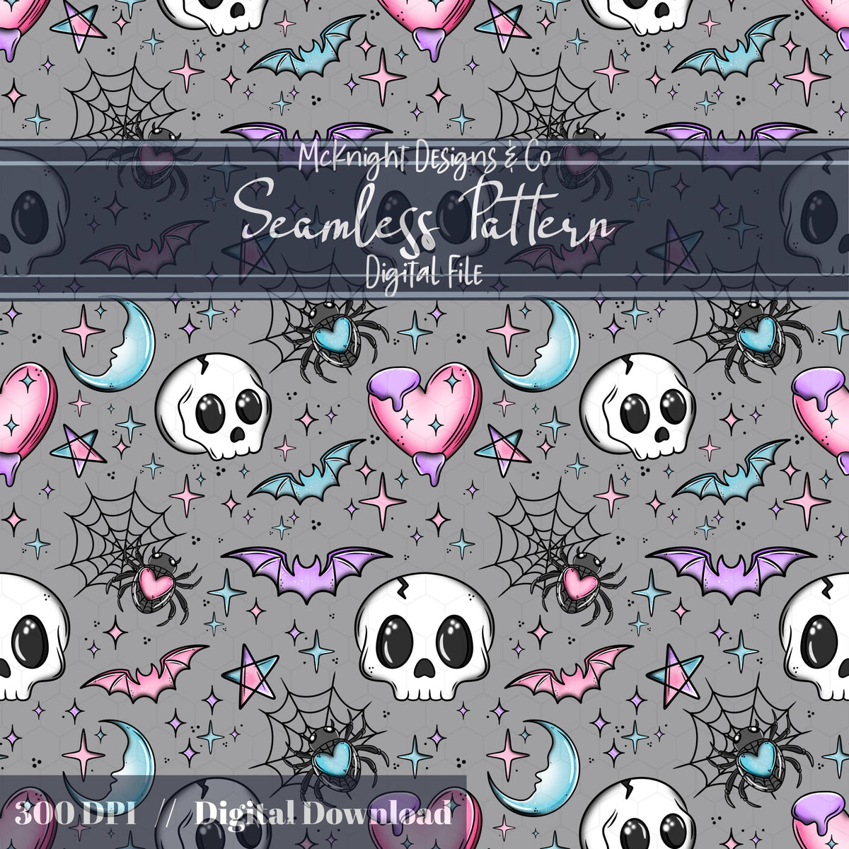 Kawaii Skulls Bats Hearts Moons Seamless Pattern | Pastel Goth Sweet & Spooky McKnight Designs & Co Seamless Pattern File