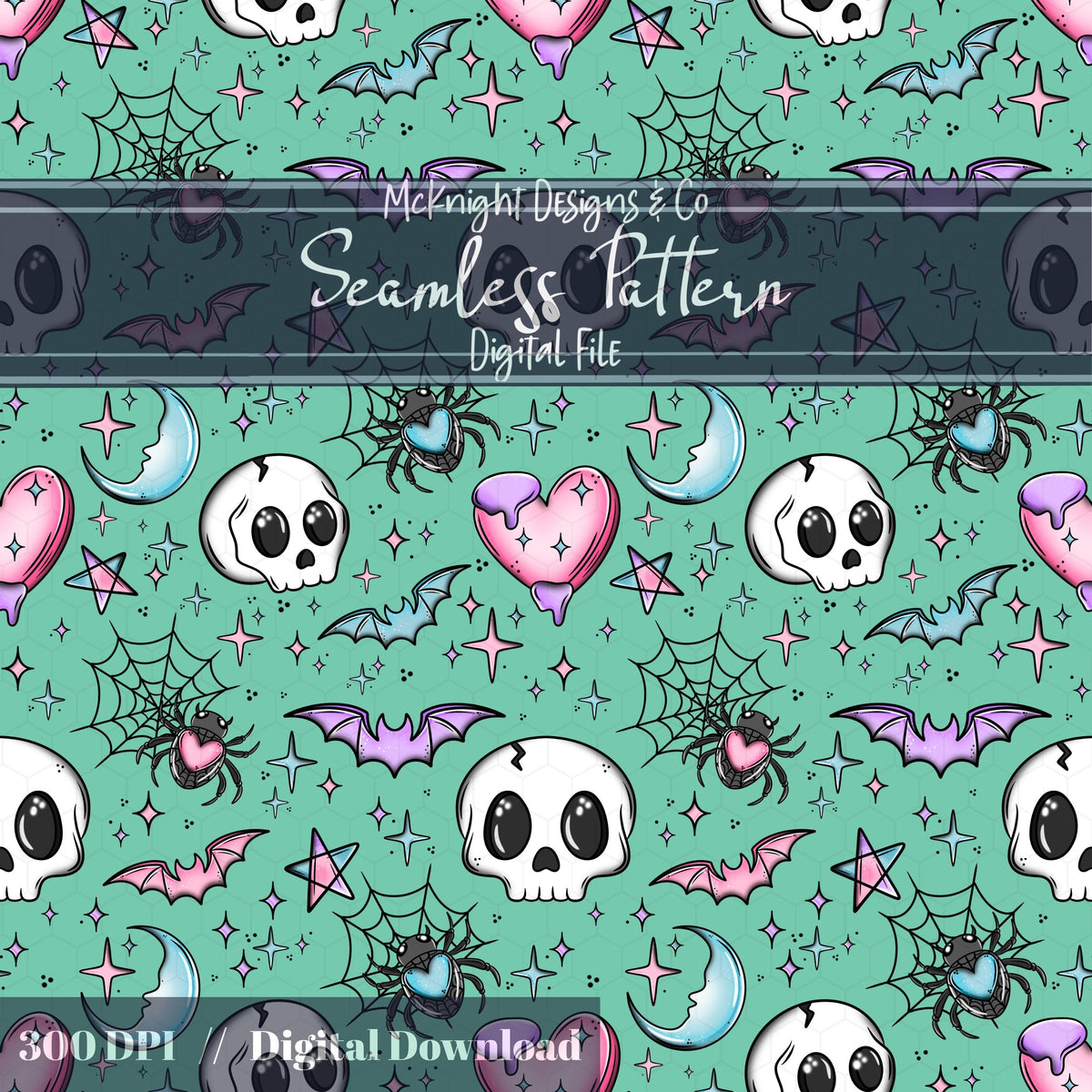 Kawaii Skulls Bats Hearts Moons Seamless Pattern | Pastel Goth Sweet & Spooky McKnight Designs & Co Seamless Pattern File