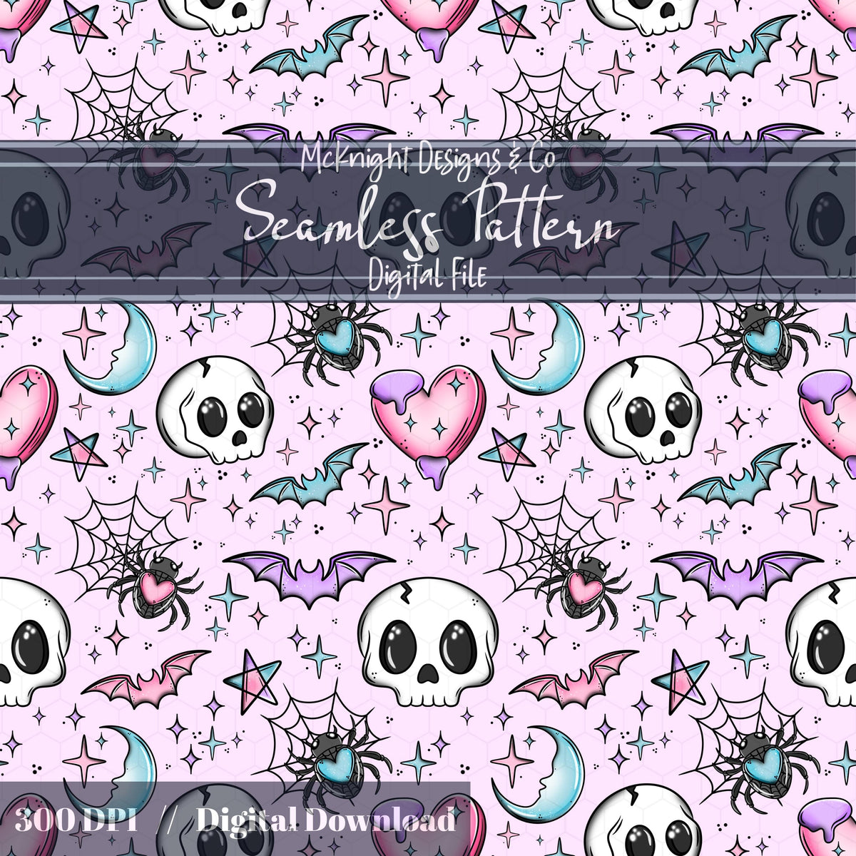 Kawaii Skulls Bats Hearts Moons Seamless Pattern | Pastel Goth Sweet & Spooky McKnight Designs & Co Seamless Pattern File
