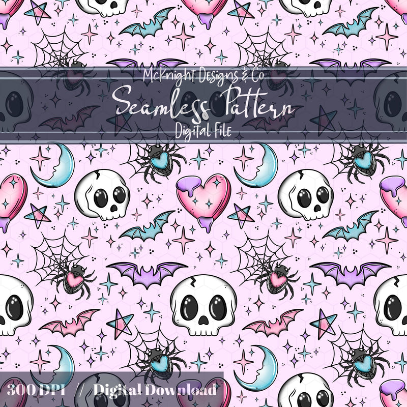 Kawaii Skulls Bats Hearts Moons Seamless Pattern | Pastel Goth Sweet & Spooky McKnight Designs & Co Seamless Pattern File