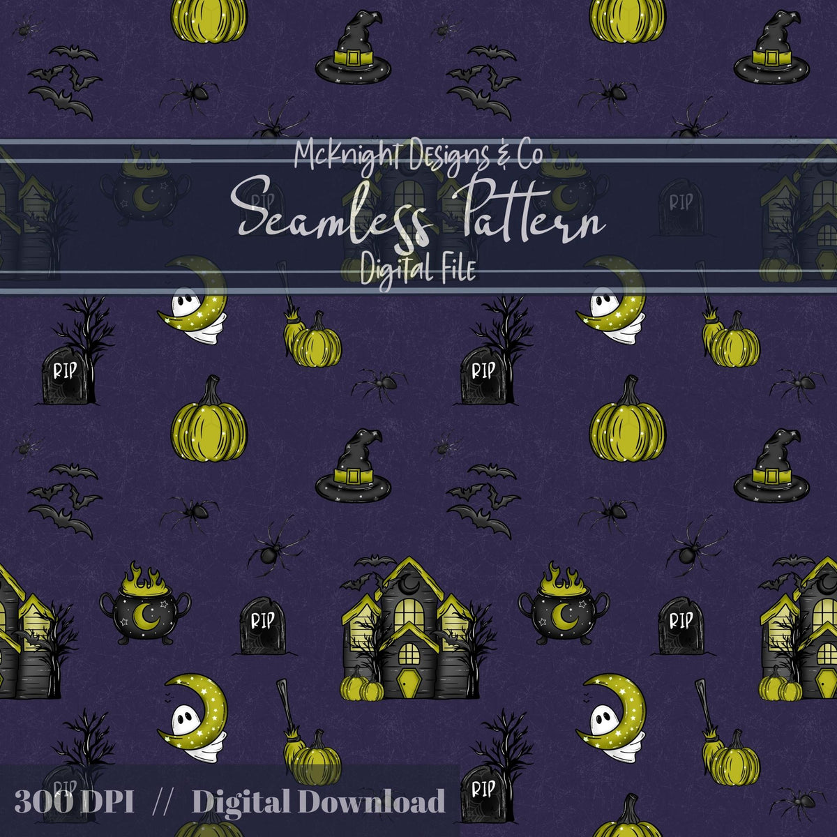 Haunted House Halloween Seamless Pattern – Spooky Ghosts, Bats & Pumpkins McKnight Designs & Co Seamless Pattern File