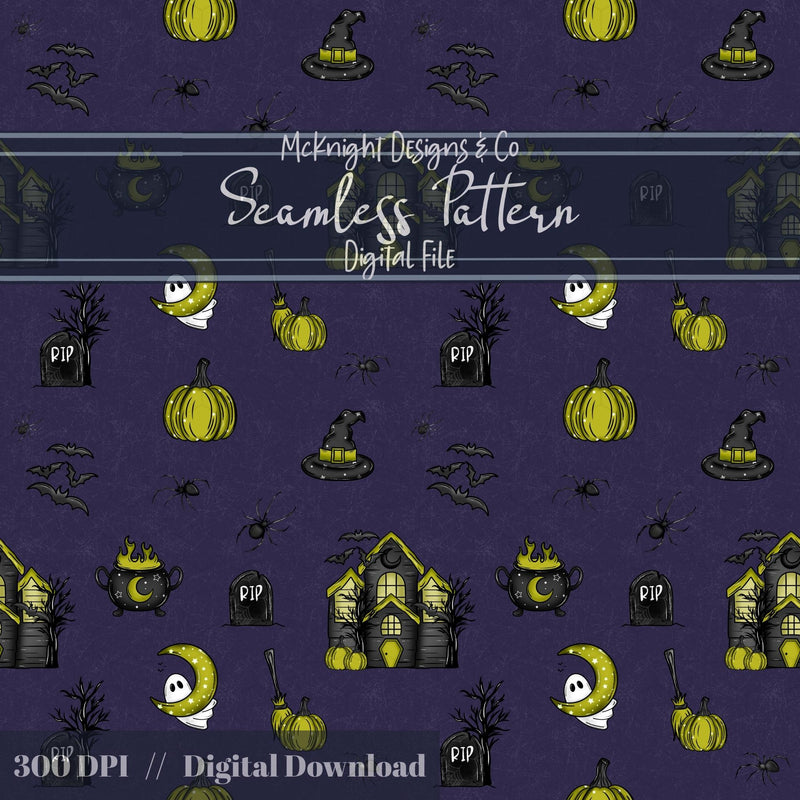 Haunted House Halloween Seamless Pattern – Spooky Ghosts, Bats & Pumpkins McKnight Designs & Co Seamless Pattern File