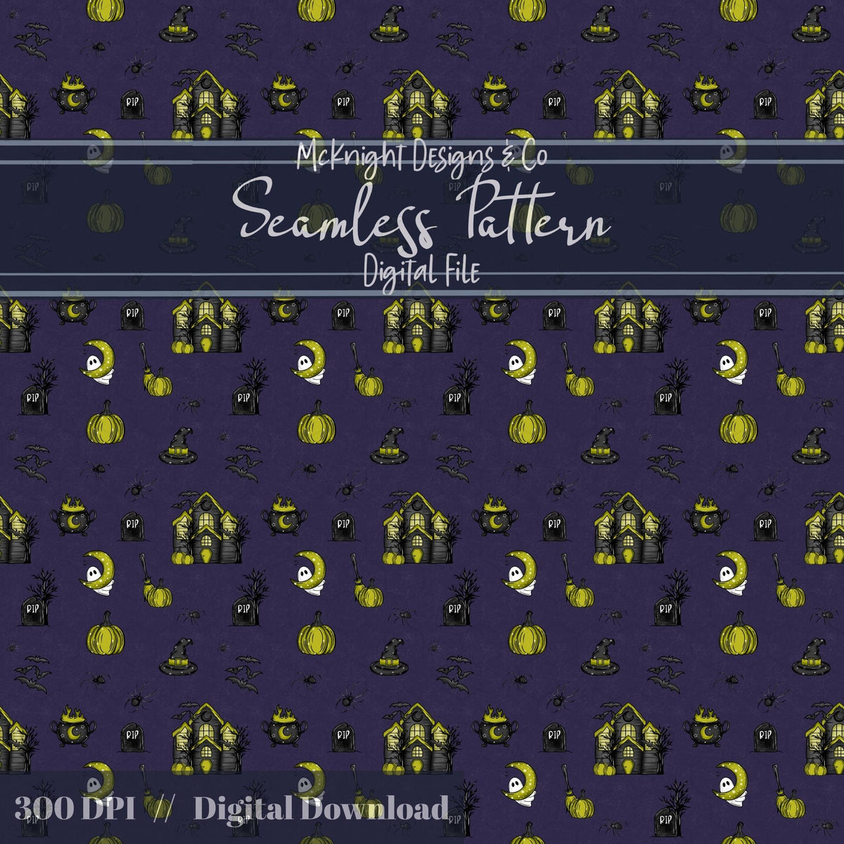Haunted House Halloween Seamless Pattern – Spooky Ghosts, Bats & Pumpkins McKnight Designs & Co Seamless Pattern File