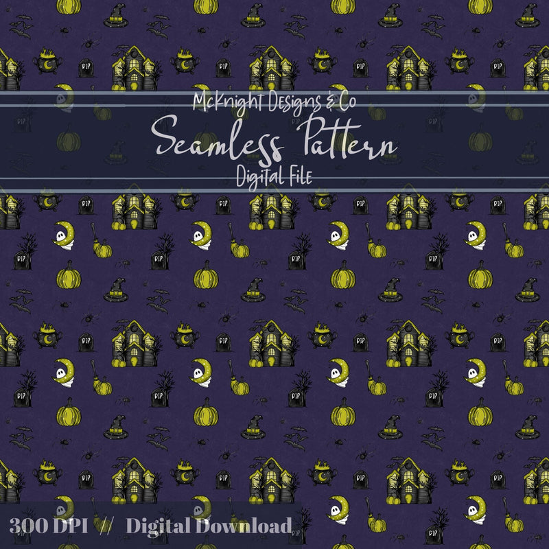 Haunted House Halloween Seamless Pattern – Spooky Ghosts, Bats & Pumpkins McKnight Designs & Co Seamless Pattern File
