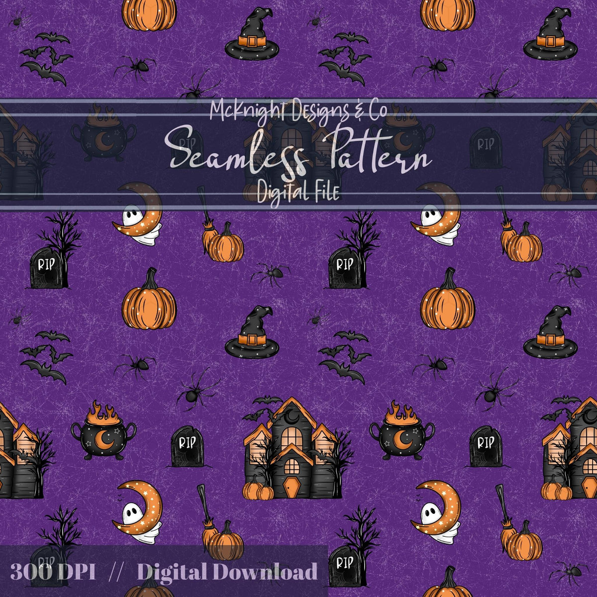 Haunted House Halloween Seamless Pattern – Spooky Ghosts, Bats & Pumpkins McKnight Designs & Co Seamless Pattern File