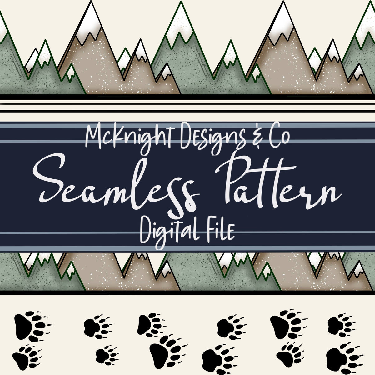 Mountain Trails & Bear Tracks Seamless Pattern | Hiking Outdoors | Rustic Camping Wilderness McKnight Designs & Co Seamless Pattern File
