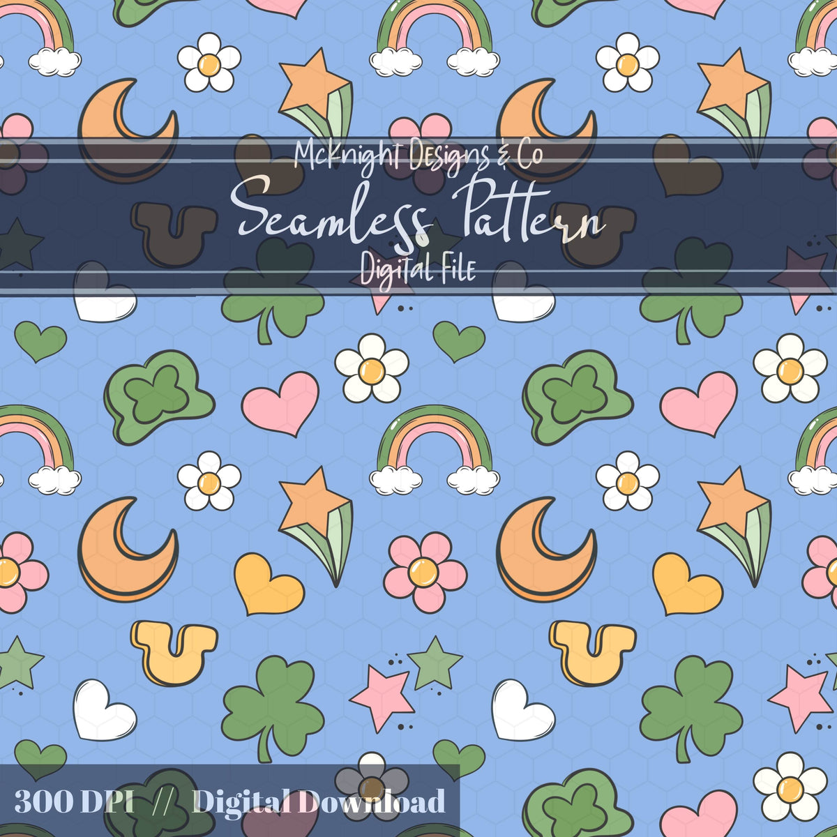 St. Patrick’s Day Seamless Pattern | Irish Charm Pastel Rainbow Clover Celestial Digital McKnight Designs & Co Seamless Pattern File