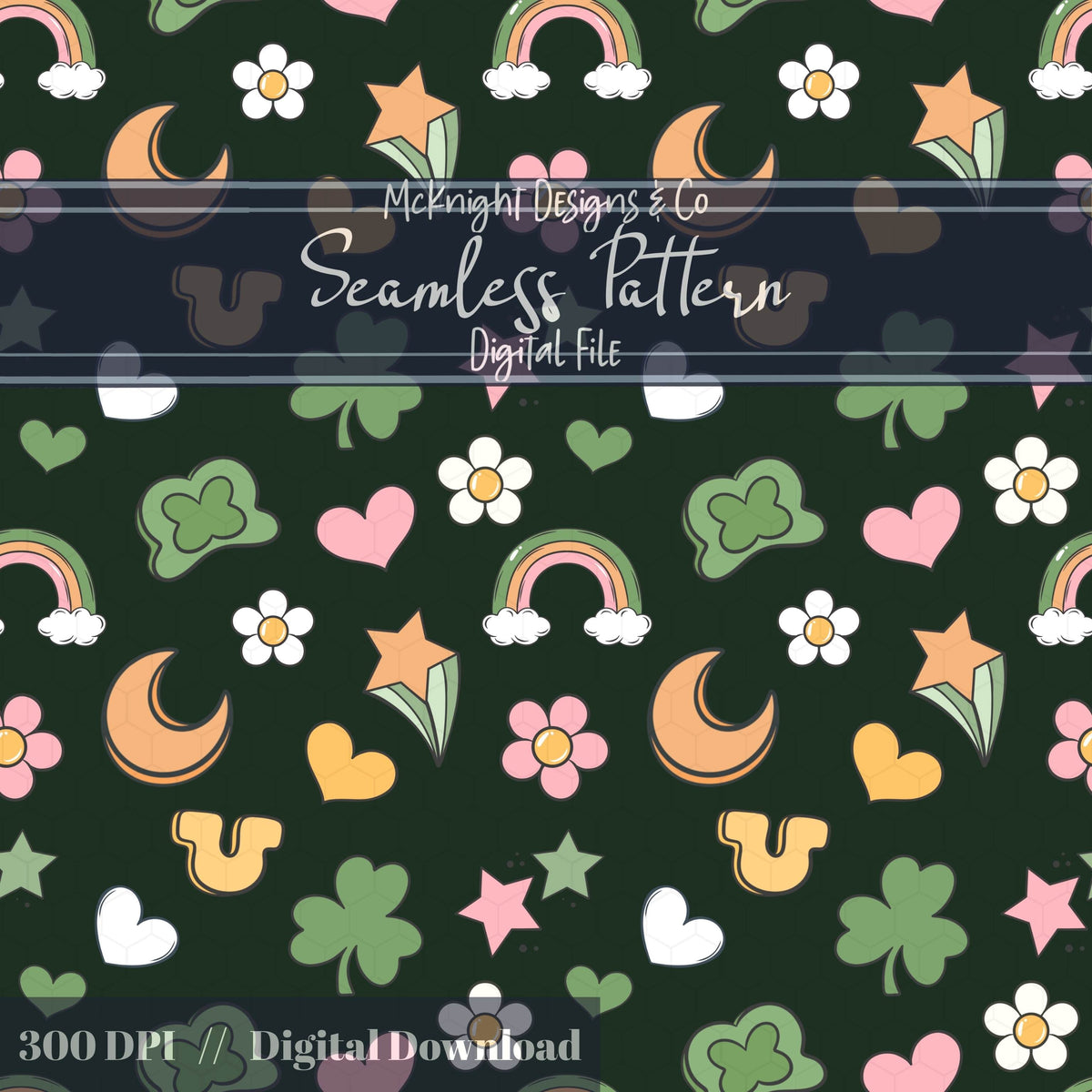 St. Patrick’s Day Seamless Pattern | Irish Charm Pastel Rainbow Clover Celestial Digital McKnight Designs & Co Seamless Pattern File