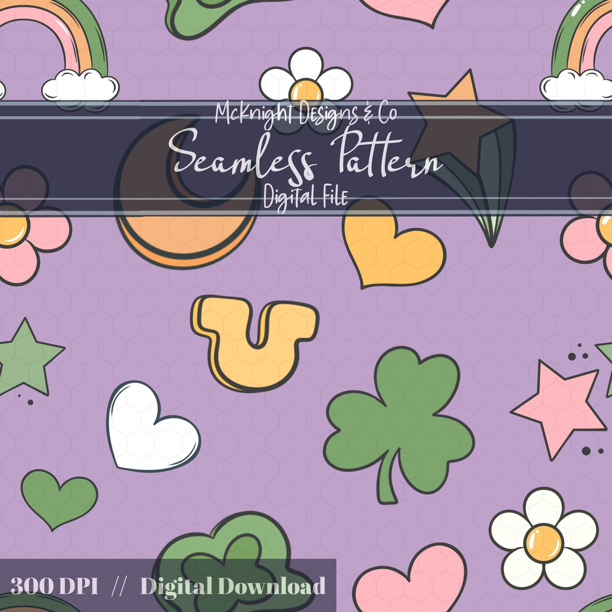St. Patrick’s Day Seamless Pattern | Irish Charm Pastel Rainbow Clover Celestial Digital McKnight Designs & Co Seamless Pattern File