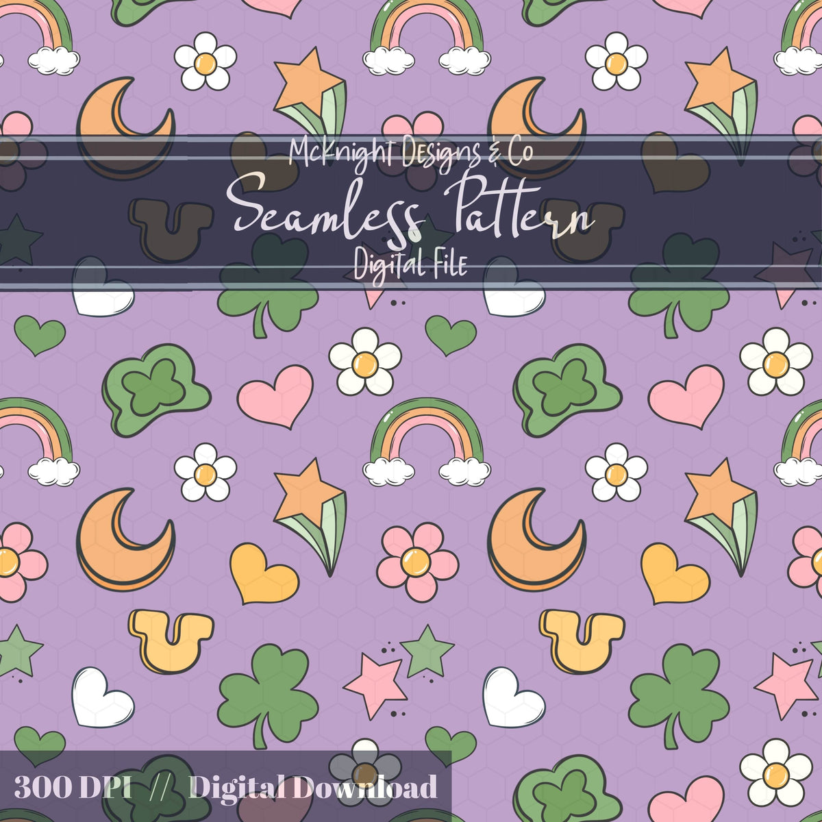 St. Patrick’s Day Seamless Pattern | Irish Charm Pastel Rainbow Clover Celestial Digital McKnight Designs & Co Seamless Pattern File