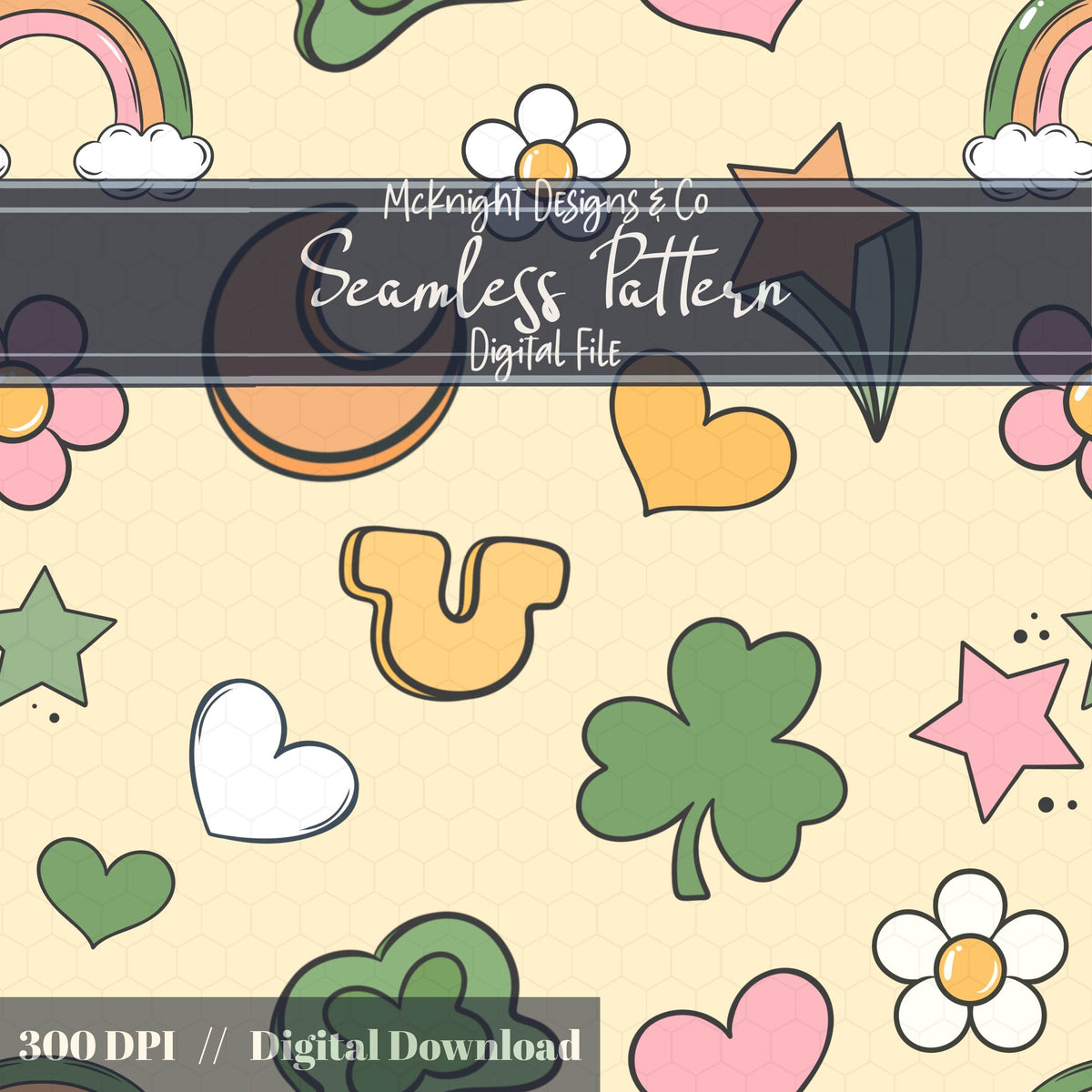 St. Patrick’s Day Seamless Pattern | Irish Charm Pastel Rainbow Clover Celestial Digital McKnight Designs & Co Seamless Pattern File