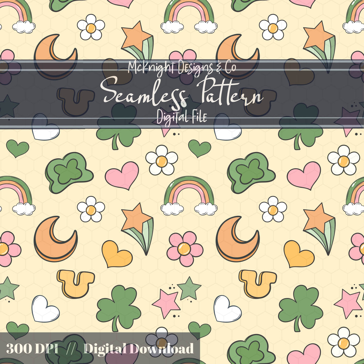 St. Patrick’s Day Seamless Pattern | Irish Charm Pastel Rainbow Clover Celestial Digital McKnight Designs & Co Seamless Pattern File