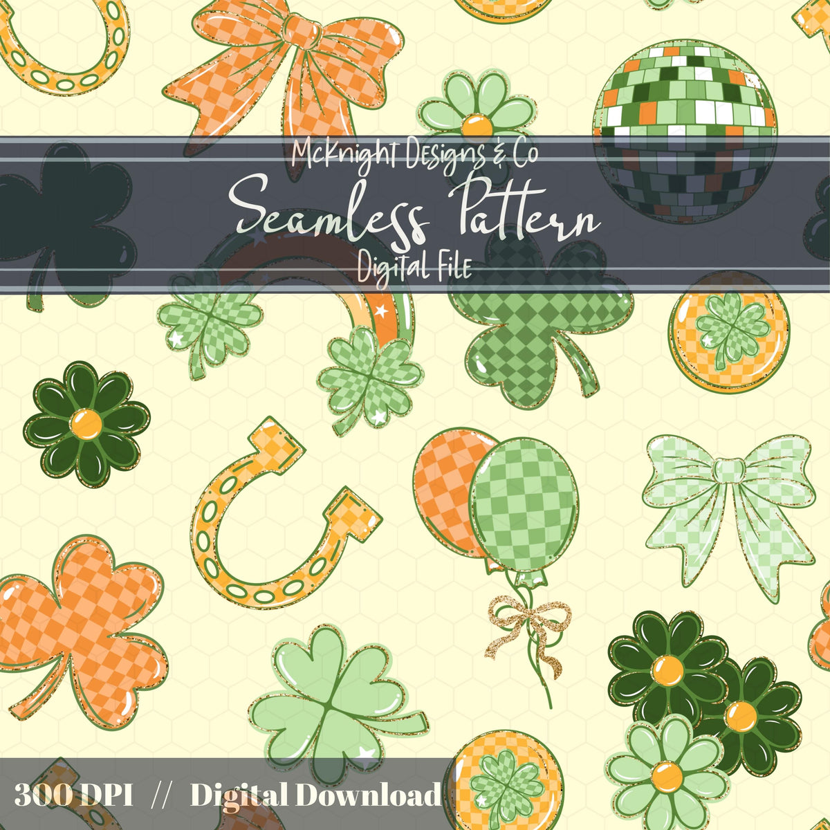 Irish Luck Disco Seamless Pattern | St. Patrick’s Day Retro Coquette Shamrock | Clover Bow
