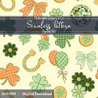 Irish Luck Disco Seamless Pattern | St. Patrick’s Day Retro Coquette Shamrock | Clover Bow