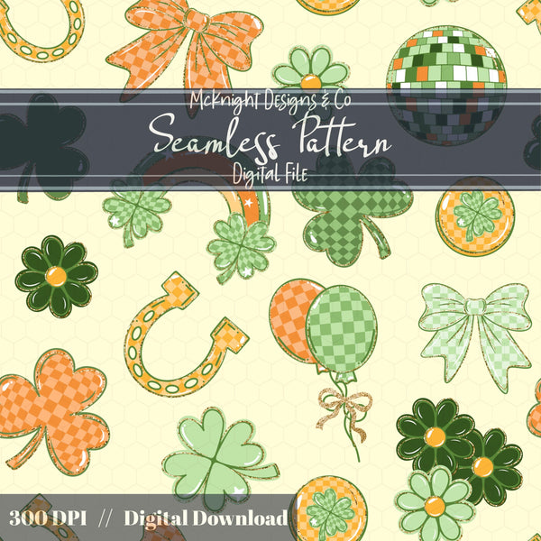 Irish Luck Disco Seamless Pattern | St. Patrick’s Day Retro Coquette Shamrock | Clover Bow