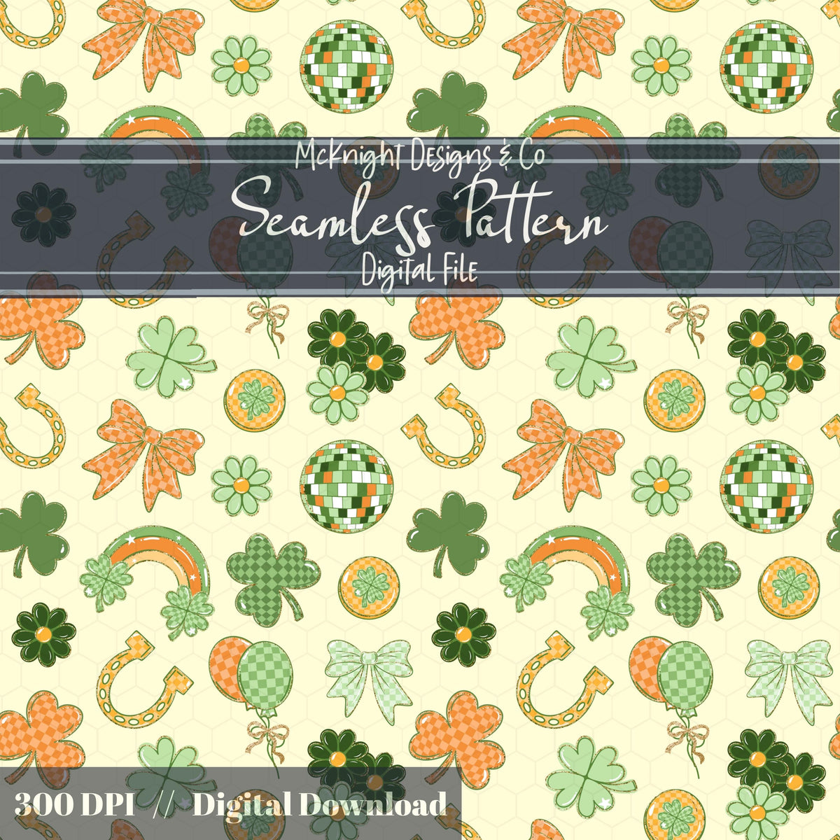 Irish Luck Disco Seamless Pattern | St. Patrick’s Day Retro Coquette Shamrock | Clover Bow