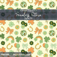 Irish Luck Disco Seamless Pattern | St. Patrick’s Day Retro Coquette Shamrock | Clover Bow