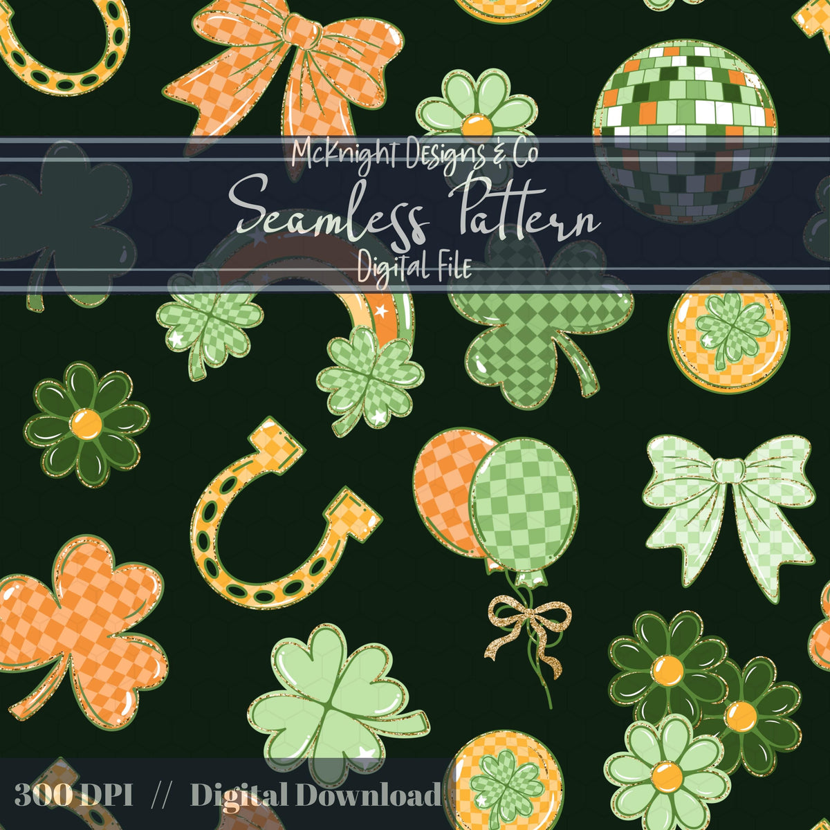 Irish Luck Disco Seamless Pattern | St. Patrick’s Day Retro Coquette Shamrock | Clover Bow