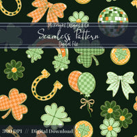 Irish Luck Disco Seamless Pattern | St. Patrick’s Day Retro Coquette Shamrock | Clover Bow