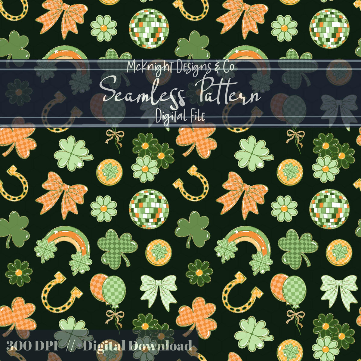 Irish Luck Disco Seamless Pattern | St. Patrick’s Day Retro Coquette Shamrock | Clover Bow