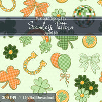 Irish Luck Disco Seamless Pattern | St. Patrick’s Day Retro Coquette Shamrock | Clover Bow